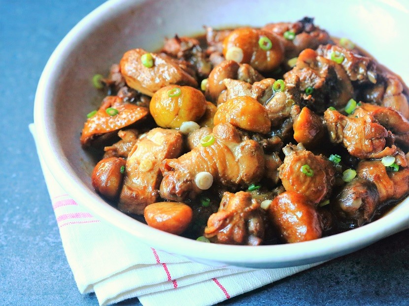 This is a popular dish in many parts of China. Chicken and whole chestnuts are braised together until their flavors meld. The sugar in the nuts adds a subtle sweetness to the sauce, and its starch thickens the sauce beautifully.   