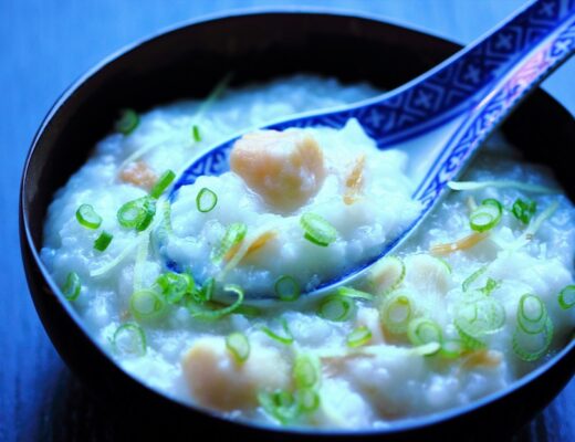 Congee, or rice porridge, is the ultimate comfort food for many Chinese people and Chinese food aficionados. This congee with both fresh and dried scallops is creamy, tasty, and soothing.