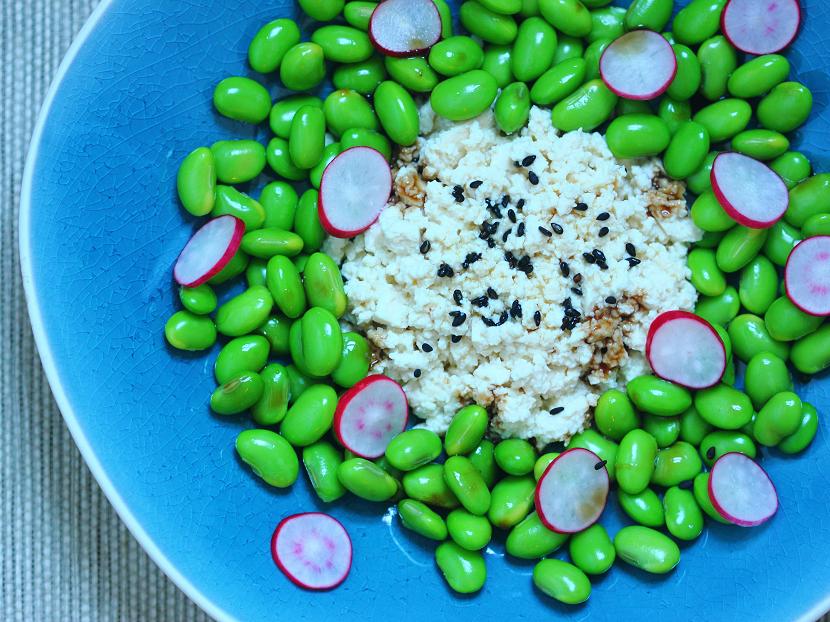 Green soybeans and tofu are great together, and the quick-pickled radishes add layers of texture to this refreshing salad.