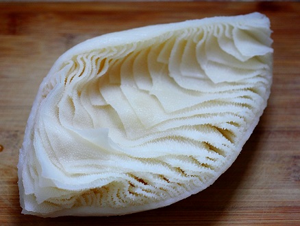 Omasum, the third compartment of a cow’s stomach. As you can see from the picture to the right, it consists of thin sheets of tissue attached to a denser outer ring, which is why it’s often called book tripe.