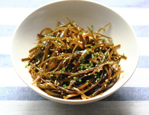 Rich in umami flavor, mildly salty, and subtly sweet, kelp (aks kombu) is great on its own or used as a flavor enhancer. This refreshing kelp salad with garlic oil and sesame seeds is great in warm weather.