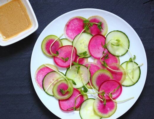 In this refreshing salad, home-made Chinese mustard dressing gives a nice kick to the watermelon radishes cucumbers. 