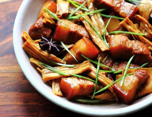 Braising tofu sticks with pork belly is a signature dish from Jiangxi Province of China, where the first tofu sticks were made over 1,000 years ago.