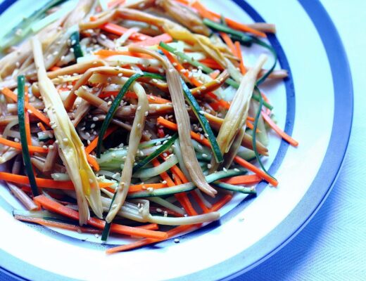 Daylilies have been used in Chinese cooking for centuries. In the refreshing salad, the subtle flavor of daylilites works harmoniously with the cucumber and carrots.