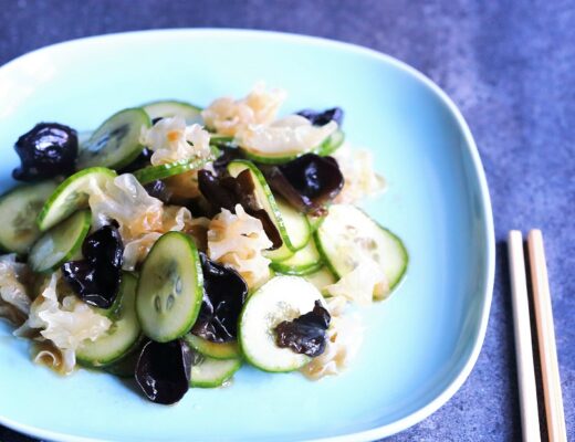 A unique and refreshing salad of black and white wood ear mushrooms tossed with cucumber and scallion-oil.