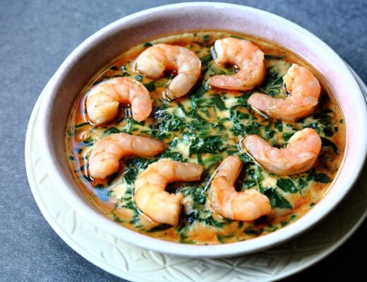 This smooth egg custard, with spinach and shrimp, makes a perfect one-dish meal.
