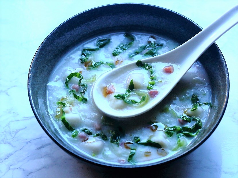 When simmered in stock until broken down, taro releases its starch to make the soup rich and creamy—very much like thick potato soups most people in the West are familiar with, but without the use of heavy cream, sour cream, milk, or cheese. The addition of bok choy and ham turns the soup into a one-dish meal.