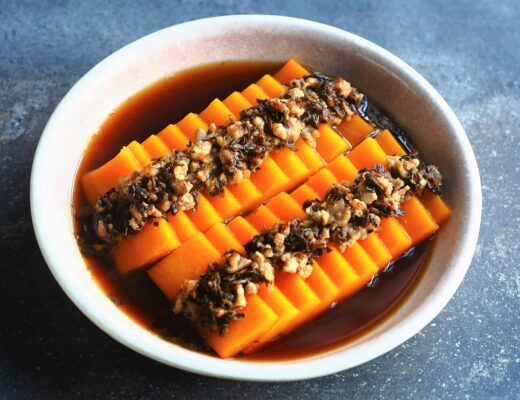 In this dish, meigan cai lends layers of flavor to the sweet butternut squash