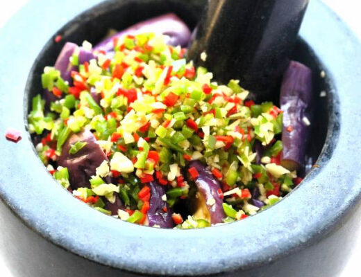 Pounded eggplant and chili peppers (擂椒茄子), is a beloved summer dish in Hunan and the neighboring provinces.