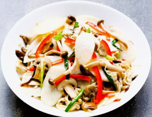 When thin slices of yam are blanched briefly and then tossed with the mushrooms, they retain their wonderful crispness and subtle sweetness.