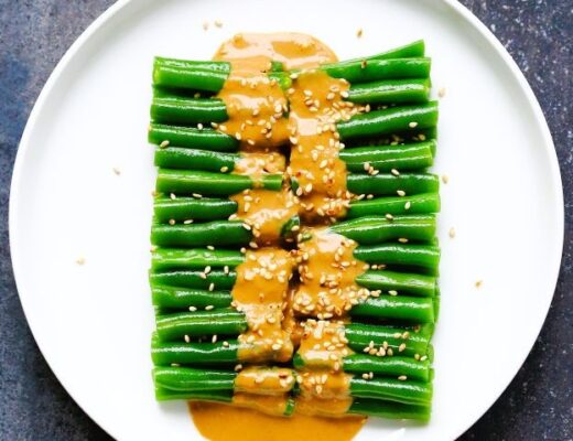 Green beans with sesame dressing, The dish here is inspired by ma zhi dou jiao (麻汁豆角), a signature dish from Shandong Province.