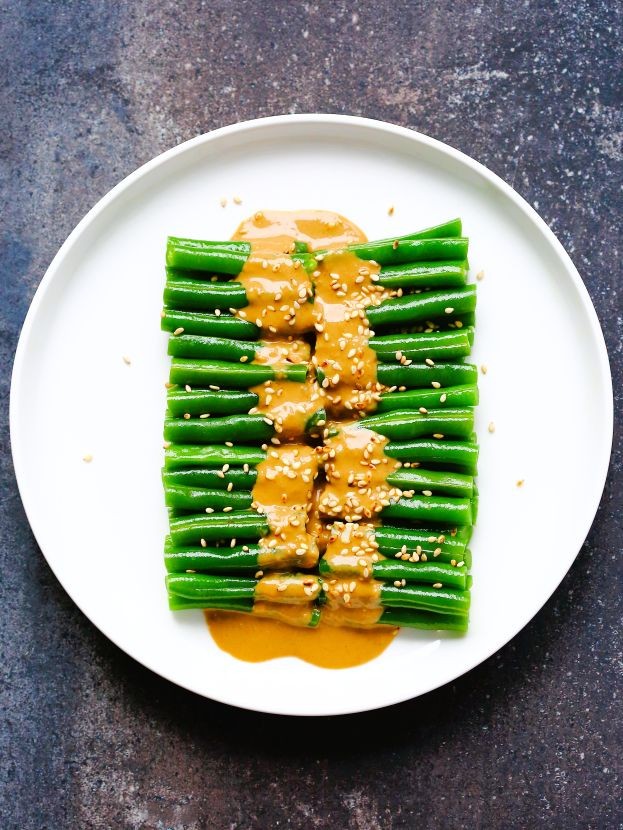 Green beans with sesame dressing, The dish here is inspired by ma zhi dou jiao (麻汁豆角), a signature dish from Shandong Province.